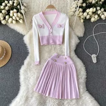 Осенний новый стильный маленький ароматный костюм, женский вязаный свитер контрастного цвета с v-образным вырезом, топ с высокой талией, плиссированная юбка из двух частей