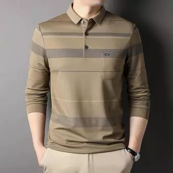 Осенний новый стиль, рубашка поло с длинными рукавами и карманом, повседневная полосатая футболка для мужчин среднего возраста, модный тренд для пап M