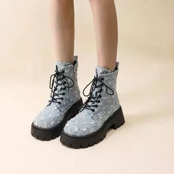 Осенний новый стиль Универсальные массивные ковбойские сапоги Дышащие повседневные рваные ковбойские сапоги 35