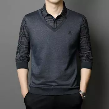 Осенний новый стиль воротник рубашки свитер повседневный мужской средний возраст мода простой пуловер мужской свитер поддельные две части M