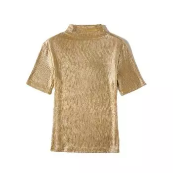 Осенний новый стиль, замедляющий старение, универсальный, полувысокий воротник, золотистый, облегающий, с короткими рукавами, шикарный пуловер, футболка для женщин M