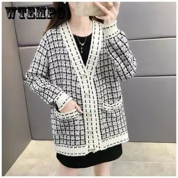 Осенний новый свитер, пальто, рубашка в стиле ретро, однобортный клетчатый свободный вязаный кардиган с длинными рукавами, женский кардиган One Size