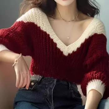 Осенний новый свободный повседневный вязаный свитер с V-образным вырезом для женщин, зимняя одежда, элегантный винтажный пуловер, трикотажные изделия, топы, женские однотонные мягкие теплые джемперы 25203 One Size бордовый
