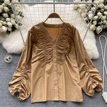 Осенний новый свободный тонкий плиссированный топ с баской и длинными рукавами и V-образным вырезом с пряжкой