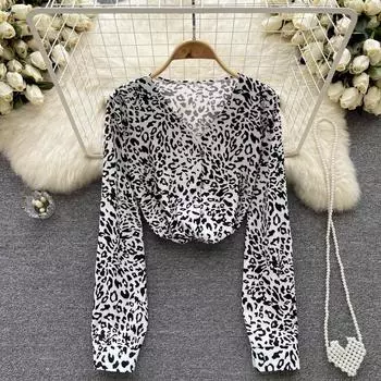 Осенний новый свободный универсальный топ с v-образным вырезом в европейском и американском стиле, леопардовый темперамент, ретро, женская одежда