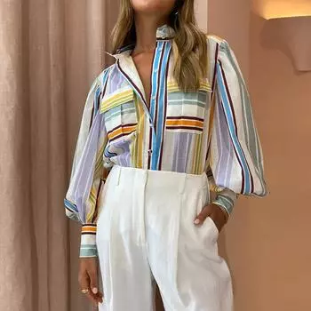 Осенний новый темперамент элегантный принт с лацканами рубашка свободный топ с длинными рукавами S