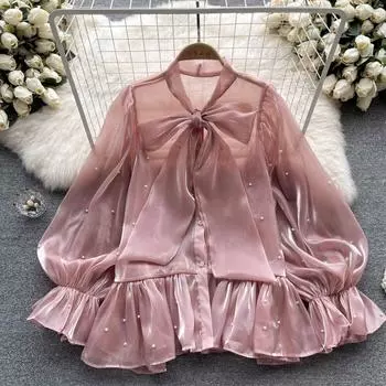 Осенний новый темперамент с прочным бисером и воротником-бабочкой, темпераментная свободная рубашка из органзы