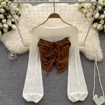 Осенний новый темпераментный дизайн с кружевной строчкой на плечах, ощущение ложности, две узкие тонкие трикотажные рубашки нерегулярной формы