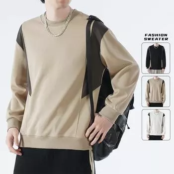 Осенний новый трендовый японский стиль контрастная цветная строчка круглый вырез свободный свитшот мужской хлопок спортивный повседневный топ с длинными рукавами M