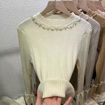 Осенний новый вязаный свитер с длинным рукавом и бисером, женский зимний облегающий базовый пуловер, свитера для женщин, модные элегантные однотонные теплые джемперы, топы 24868 One Size чёрный