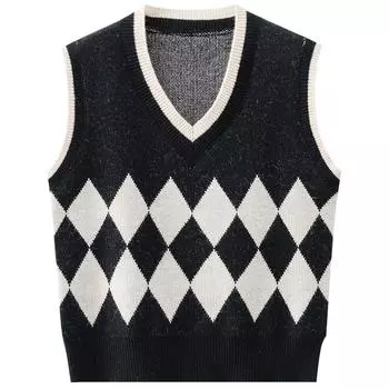 Осенний новый вязаный свитер с узором «Аргайл», жилет для женщин, без рукавов, для офиса, элегантный жилет, топы, свободный винтажный повседневный трикотажный жилет, зимние свитера 25050 One Size темно-коричневого