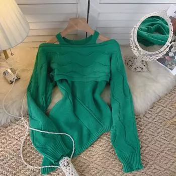 Осенний новый вязаный тонкий дизайнерский комплект с подвесным воротником и нишей, великолепие, нерегулярный комплект с перекрытием, женский комплект