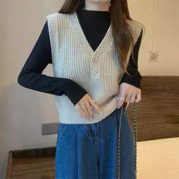 Осенний новый вязаный жилет с подкладкой, женский свитер на бретельках M