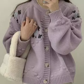 Осенний новый вышитый цветочный вязаный свитер женский кардиган зимний длинный рукав винтажный женский свитер куртка элегантный круглый вырез трикотажное пальто 25041 S розовый