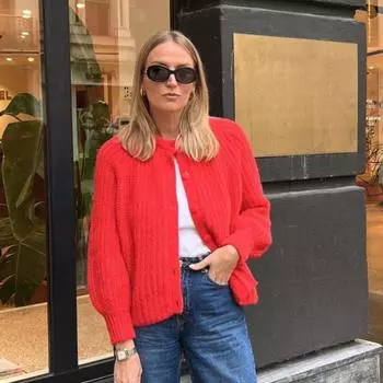 Осенний новый женский европейский и американский стиль однотонный кардиган с длинным рукавом вязаный свитер пальто S красный