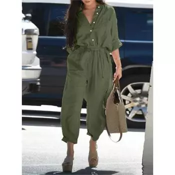 Осенний новый женский комбинезон из хлопка и льна, однотонный, с длинными рукавами, на пуговицах, с высокой талией, на шнуровке, повседневный, винтажный, женский комбинезон S зелёный