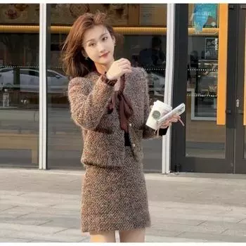 Осенний новый женский костюм знаменитости пальто с V-образным вырезом и юбка XS коричневый