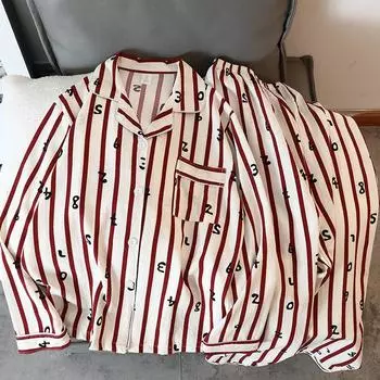 Осенний новый женский пижамный комплект с принтом в полоску и буквами, повседневная домашняя одежда, пижамы для женщин, топ с длинными рукавами, штаны, комплект из 2 предметов M