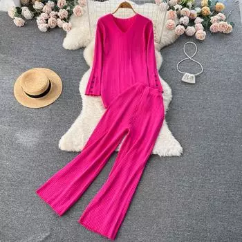 Осенний новый женский показ из серии Salt, тонкий вязаный свитер с длинными рукавами и повседневными длинными брюками, комплект из двух предметов