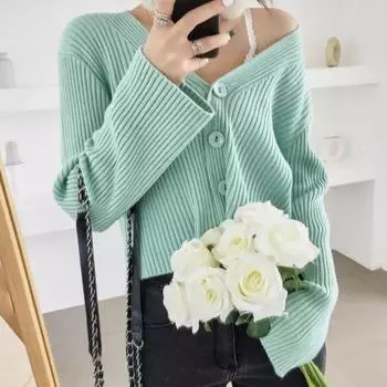 Осенний облегающий кардиган с V-образным вырезом, свитер, куртка, женская зимняя одежда, модные вязаные свитера с длинным рукавом, женский элегантный винтажный короткий кардиган 25353 One Size чёрный