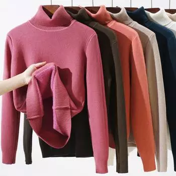 Осенний облегающий плюшевый вязаный свитер для женщин, зимний толстый бархатный пуловер, свитера для женщин, модная одежда, элегантный повседневный мягкий теплый женский трикотаж 25208 One Size чёрный