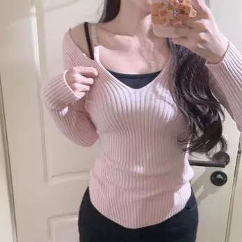 Осенний облегающий розовый вязаный свитер, свитер, женская одежда, длинный рукав, V-образный вырез, женские свитера, топы, элегантный однотонный повседневный зимний трикотаж 25350 S розовый