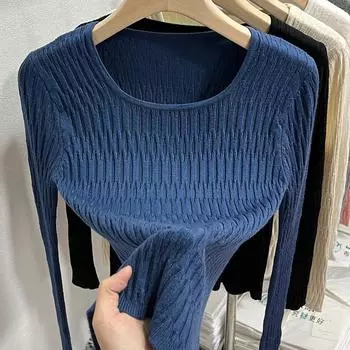 Осенний облегающий свитер с круглым вырезом, женский свитер с длинными рукавами, однотонный повседневный базовый зимний вязаный свитер для женщин, элегантный простой трикотаж, джемперы 25728 One Size чёрный