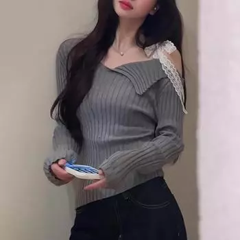Осенний облегающий свитер с неровным косым вырезом, сексуальный свитер, женский трикотажный свитер с кружевной лентой в стиле пэчворк, женский элегантный однотонный повседневный базовый трикотаж 25349 S серый