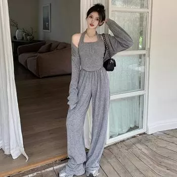 Осенний облегающий вязаный кардиган и повседневные брюки для осеннего женского наряда больших размеров XL серый