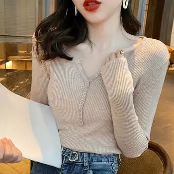 Осенний облегающий вязаный свитер с V-образным вырезом, женский зимний повседневный свитер с длинным рукавом, женские элегантные мягкие теплые джемперы, топы 25019 One Size чёрный