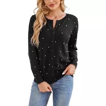 Осенний однотонный кардиган с длинными рукавами, вышитый бисером, круглый вырез, вязанный свитер на пуговицах S чёрный