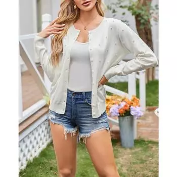 Осенний однотонный кардиган с длинными рукавами, вышитый бисером, круглый вырез, вязанный свитер на пуговицах S чёрный