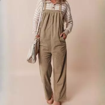 Осенний однотонный комбинезон с множеством карманов для женщин в европейском и американском стиле, простой и универсальный вельветовый комбинезон для женщин XL чёрный