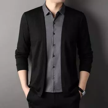 Осенний однотонный мужской вязаный кардиган в корейском стиле из двух частей, футболка с длинными рукавами, универсальная футболка, мужская одежда M