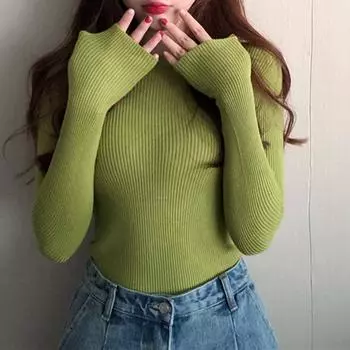 Осенний однотонный облегающий вязаный женский свитер с круглым вырезом, повседневный элегантный свитер с длинным рукавом, трикотажные изделия, топы, зимние элегантные базовые свитера-джемперы 31071 One Size абрикосовый