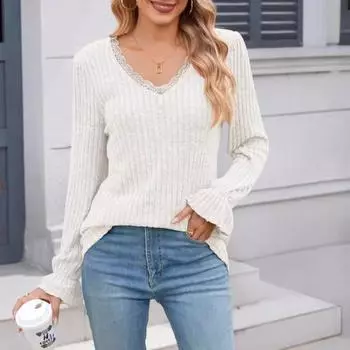 Осенний однотонный повседневный топ с V-образным вырезом и длинными рукавами из кружева S серый