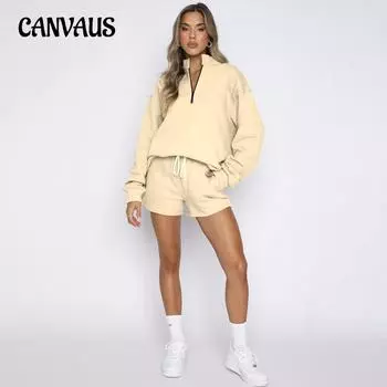 Осенний однотонный пуловер на молнии с воротником-стойкой больших размеров, свитер с длинными рукавами, женский модный костюм с шортами S чёрный