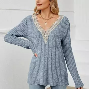 Осенний однотонный пуловер с v-образным вырезом, женская футболка с длинным рукавом, свободные женские трикотажные футболки в полоску, модные повседневные футболки Blusas 30114 S орион
