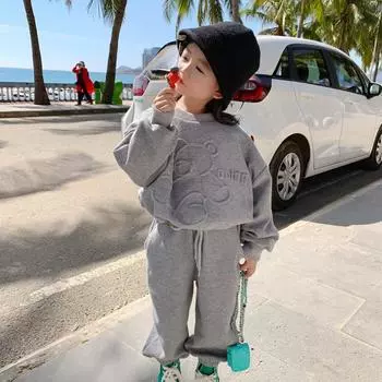 Осенний однотонный спортивный костюм для девочек, повседневный комплект из двух предметов: толстовка + спортивные штаны для детей среднего возраста 140 серый