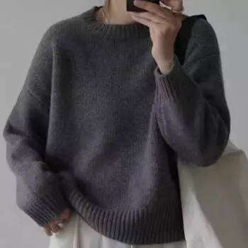 Осенний однотонный свободный вязаный свитер с круглым вырезом, женский, с длинным рукавом, зимние пуловеры, женские свитера, топы, элегантные, простые, мягкие, повседневные, вязаные джемперы 25653 One Size белый