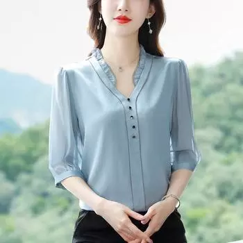 Осенний однотонный темпераментный дорожный свитер средней длины в стиле дзен в стиле ретро с синим шифоном и короткими рукавами, блузки и рубашки M синий