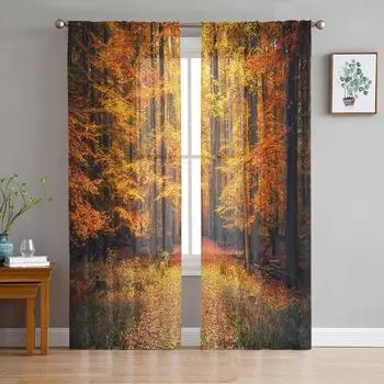 Осенний парк, прозрачные шторы с лесом, тюлевые шторы для гостиной, окна, спальни, кухни, украшения дома, вуаль, шторы W135 x H115cm x1&Rod Pocket