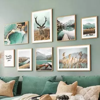 Осенний пейзаж, картина на холсте, настенная живопись, Лось, озеро, горный тростник, постер и принт для современного дома, Декор в гостиную 21cm30cm NoFrame