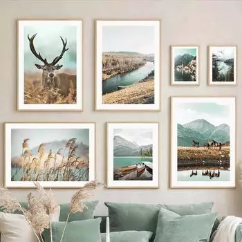 Осенний пейзаж, картина на холсте, настенная живопись, современный тростник, лось, холм, зеленое озеро, плакат и принт для домашнего декора в гостиную 21cm30cm NoFrame