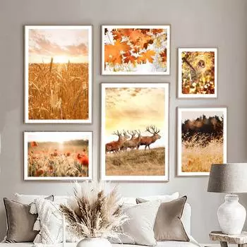 Осенний пейзаж Кленовый лес Лось Пшеница Тростник Цветок Сова Плакаты Печать Скандинавское настенное искусство Картина на холсте Гостиная Домашний декор 21x30cm No Framed