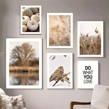Осенний пейзаж птица тыква тростник цитаты настенная живопись на холсте плакаты на скандинавскую тему и принты настенные панно для декора гостиной 21cm30cm NoFrame