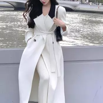 Осенний пиджак, длинные пальто с лацканами и поясом, корейская элегантная лоскутная французская куртка, весенняя офисная женская модная верхняя одежда для женщин S бежевый