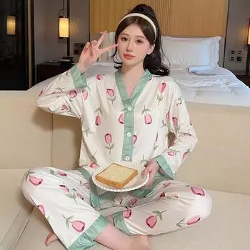 Осенний пижамный комплект с длинным рукавом, женская пижама на пуговицах, комплекты ночных рубашек с цветочным принтом, домашняя одежда для женщин, пижамные костюмы M