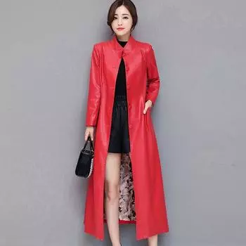 Осенний плащ из искусственной кожи для женщин, двубортный, элегантный, роскошный, модный, пальто XS чёрный