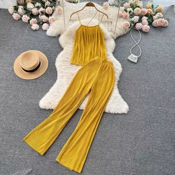 Осенний плиссированный топ на бретельках в европейском и американском стиле с высокой талией, тонкие широкие брюки, модный костюм из двух предметов в праздничном стиле